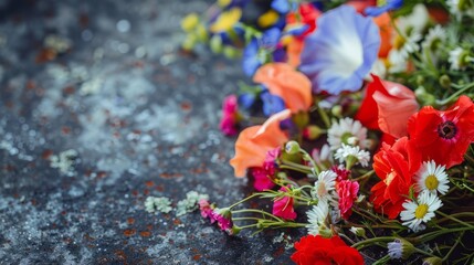 Obraz premium memorial day background concept, flowers and gravestone with copy space