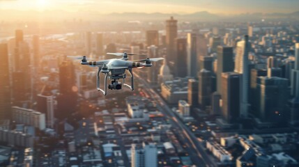 Drone Flying Over Modern City at Sunset