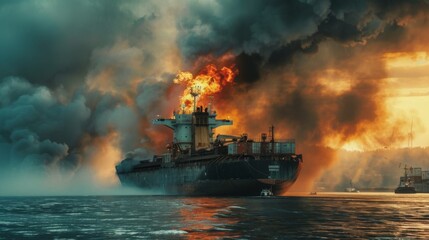 Large general cargo ship for logistic import export goods and other the explosion and had a lot of fire and smoke while moored at harbor in afternoon