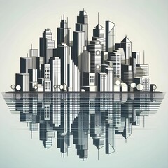 Fototapeta premium Stylized, geometric cityscape, reflecting in water, vector illustration