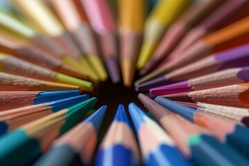 Fototapeta premium Colored pencils arranged in a circular pattern
