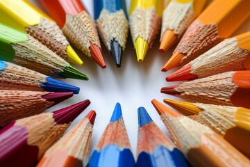 Close up of a circle made of various colored pencils on white background