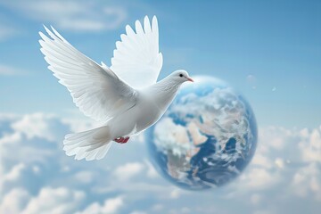 Fototapeta premium White dove flying in the sky with a blue earth in the background