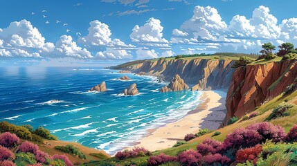 Fototapeta premium Coastal cliffs with waves crashing below, dramatic seascape under a clear blue sky