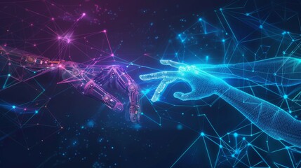 Metaverse technology, Hand of robot and human connected on network metaverse, Technological transition between human and robots, Virtual reality,