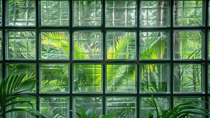 Green glass blocks wall textured background with plants, 
geometric pattern window