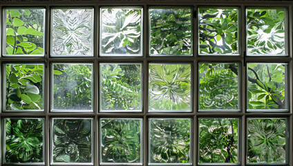 Green glass blocks wall textured background with plants, 
geometric pattern window
