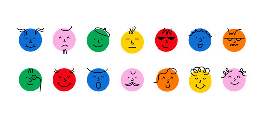 Round comic faces with different emotions. Cartoon doodle characters with funny emotions, happy sad angry surprised faces crayon drawing style. Vector isolated set