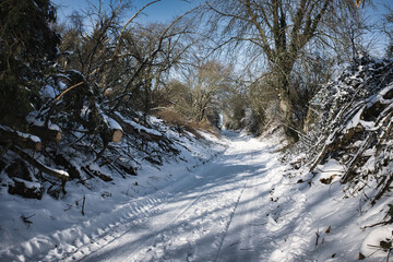 Scenic view of a sunny road covered with snow in Glabais, Belgium