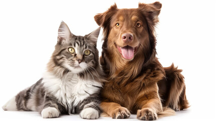 Obraz premium A cat and a dog are laying on a white background