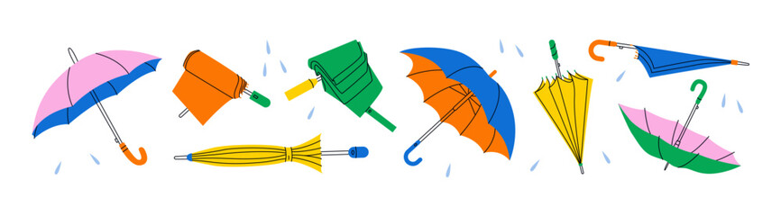 Open, closed and folded umbrellas. Cartoon rainy weather protection accessory, various types of textile stick sunshade flat doodle style. Vector set