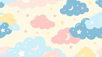 Cute pastel wallpaper with whimsical illustrations of clouds stars and moons in gentle shades of pink blue and yellow perfect for a child s room or nursery