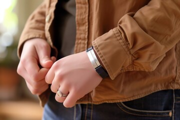 Close-up of a person wearing a brown jacket, jeans, and a wristwatch, with a focus on their hands and ring.