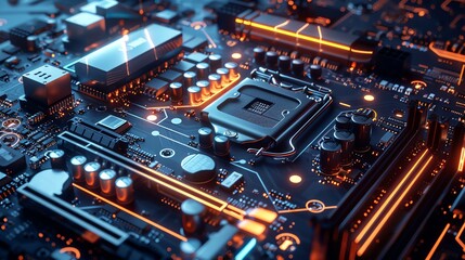 Fototapeta premium Hightech motherboard layout detailed with capacitors resistors and wiring set on a dark blue background with subtle glowing effects