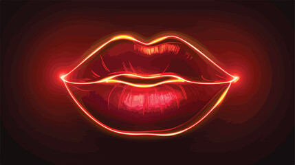 Fashion red lips neon line illumination vector flat illustration