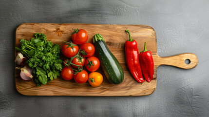 Wooden cutting board and fresh vegetables on grey background