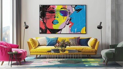 Pop art piece with bold colors and iconic imagery bringing a fun and energetic atmosphere to your...
