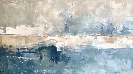 Modern abstract painting with textured layers of paint and mixed media in a calming palette of blues and neutrals creating a serene and sophisticated ambiance