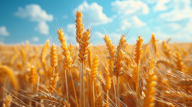 Golden wheat field swaying in the breeze under a bright summer sky, rustic and serene