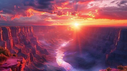 Fototapeta premium Majestic canyon at sunrise, dramatic cliffs and vibrant colors with a river winding through