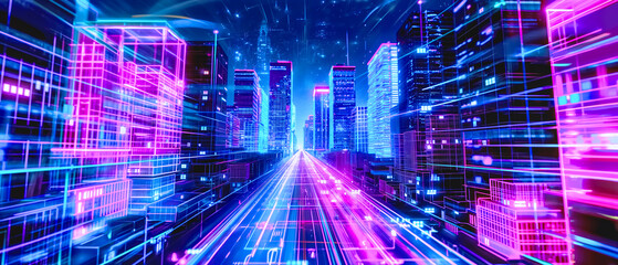 3d wireframew on futuristic cityscape illuminated with neon lights, showcasing tall buildings outlined in vibrant colors, motion moument and technologically advanced urban environment