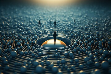 Abstract 3D illustration of lost people searching for a solution in a maze or labyrinth, symbolizing the challenge of finding the right path to success in a complex business puzzle