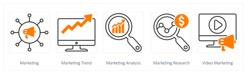 A set of 5 Seo icons as marketing, marketing trend, marketing analysis