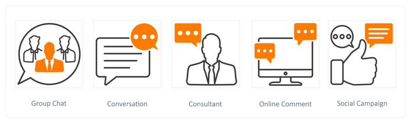 A set of 5 Seo icons as group chat, conversation, consultant