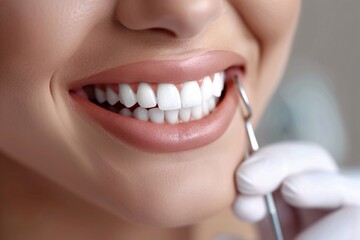 Fototapeta premium Young woman with a bright, confident smile, showcasing healthy teeth and gums in a dental office setting