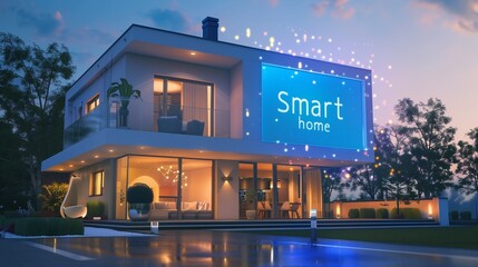 A modern residential house with Smart Home written on the side, showcasing innovative and automated solutions for a safe, sustainable, and energy-efficient living environment.