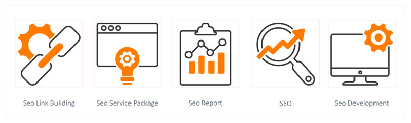 A set of 5 Seo icons as seo link building, seo service package, seo report