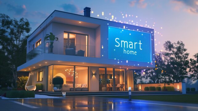 A modern residential house with Smart Home written on the side, showcasing innovative and automated solutions for a safe, sustainable, and energy-efficient living environment.