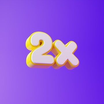 White 2x symbol with yellow outline isolated over purple background. 3D rendering.