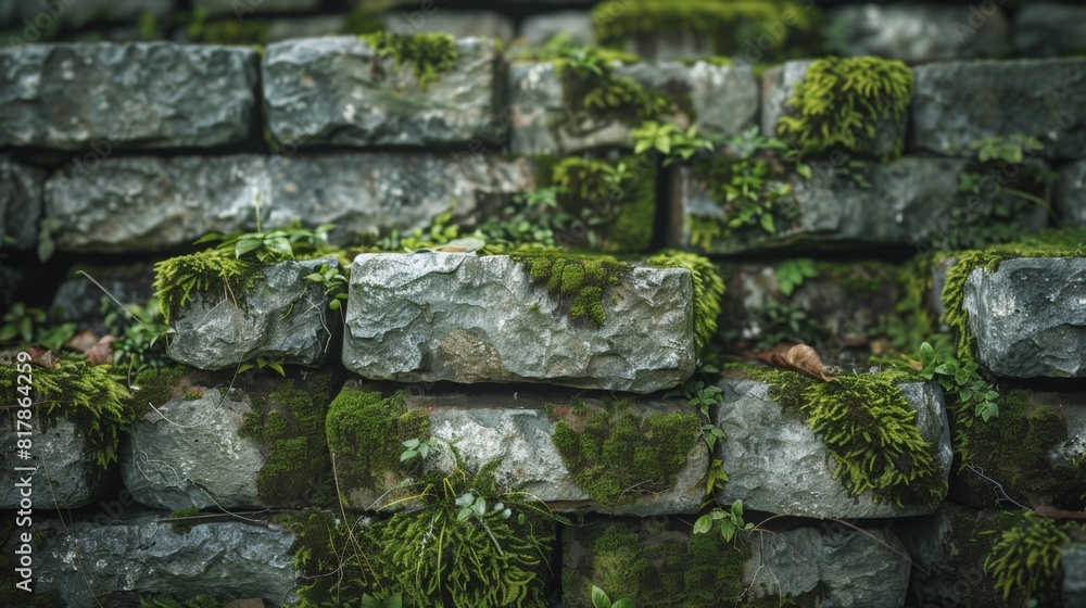Poster a close-up of stacked stone blocks with moss growing between them.