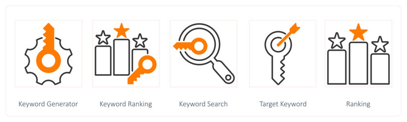 A set of 5 Seo icons as keyword generator, keyword ranking, keyword search