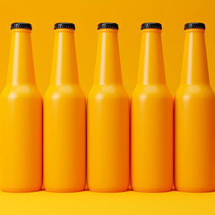 Yellow beer bottles isolated over yellow background. Mockup template. 3d rendering.