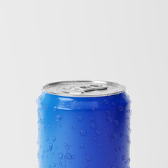 Blue aluminum soda can with water drops isolated over white background. Mockup template. 3d rendering.