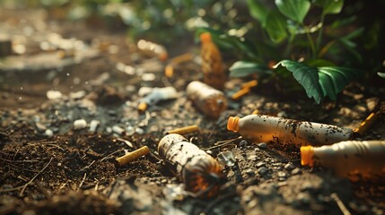 Soil underground pollution with cigarette butts and plastic waste, highlighting environmental degradation and the urgent need for sustainable waste management practices to protect our planet.