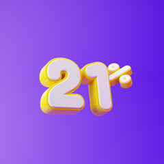 White twenty one percent or 21 % with yellow outline isolated over purple background. 3D rendering.