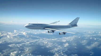 Fototapeta premium Passenger plane in flight. The wide-body 4-engine aircraft flying over the clouds. Side view of aircraft.