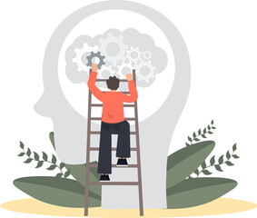 Mental health support concept, emotional, mental health, brain healthcare, cognitive problem, person fixing gears in head, psychological therapy,human brain mechanism