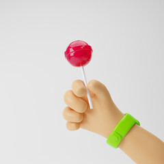 Cartoon hand holding lollipop isolated over white background. 3d rendering.