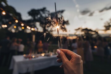 Hand holding a sparkler with a blurred background of people celebrating outdoors, illuminated by string lights at dusk. - Powered by Adobe