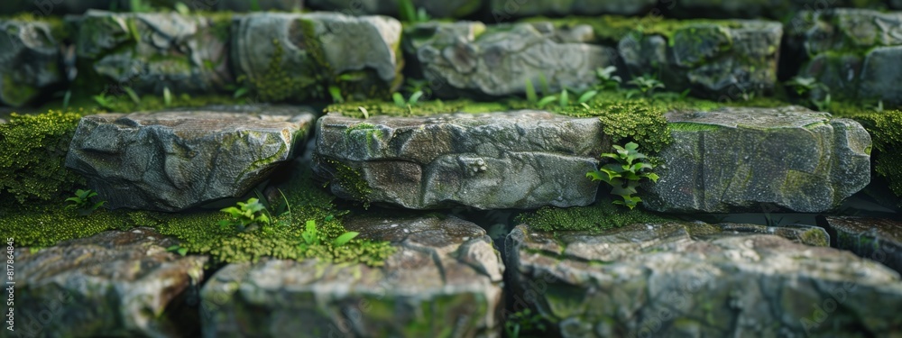 Poster a close-up of stacked stone blocks with moss growing between them.