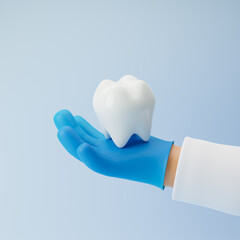 Doctor cartoon hand in medical glove holding tooth isolated over blue background. 3d rendering.