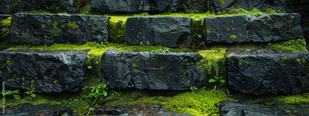 Poster a close-up of stacked stone blocks with moss growing between them.
