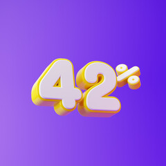 White forty two percent or 42 % with yellow outline isolated over purple background. 3D rendering.