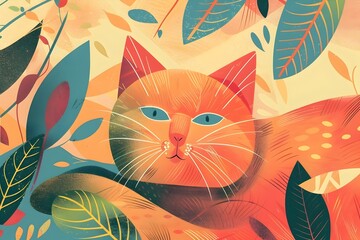 Colorful Cartoon Cat Surrounded by Vibrant Foliage