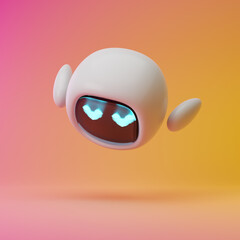 Cute robot with heart eyes flying with hands behind isolated over pink and yellow background. Technology concept. 3d rendering.