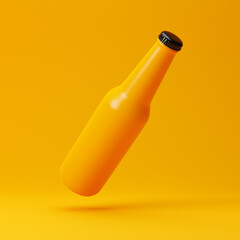 Falling yellow beer bottle isolated over yellow background. Mockup template. 3d rendering.